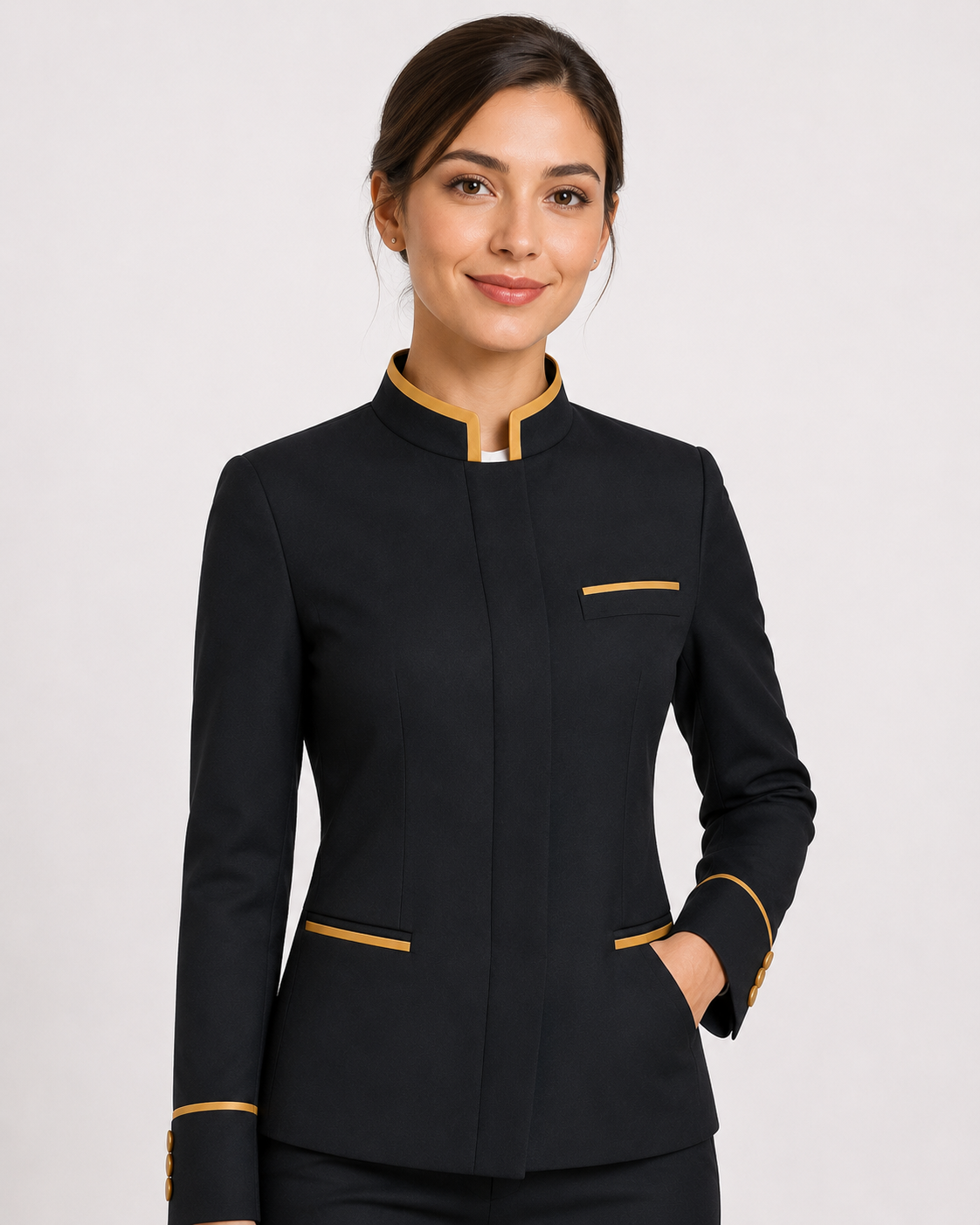Premium Women's Hotel Staff Uniform Jacket – Black & Gold - Image 1