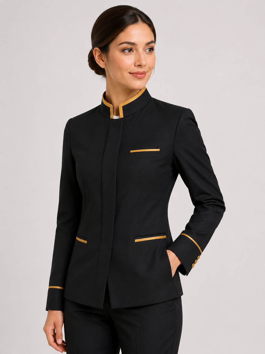 Premium Women's Hotel Staff Uniform Jacket – Black & Gold - Image 3